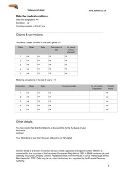 5
Statement of detail
www.swinton.co.uk
Claims & convictions
Claim
Rider
Date
Description of
loss
No claims
bonus
affected?
1