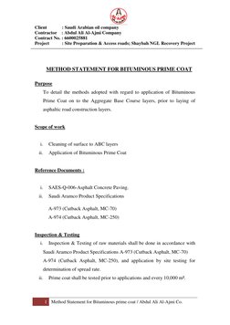 Bituminous Prime Coat Method Statement | PDF | Asphalt | Road