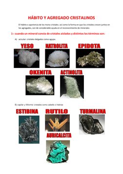 HÁBITO Y AGREGADO CRISTALINOS 
El hábito o apariencia de los mono cristales. así como la forma en que los cristales crecen ju