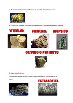 c) Plumoso: formados por escamas finas con una estructura divergente o plumosa.  
 
 
 
 
5) Cuando un mineral está formado p