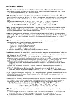 Grupo C- ELECTROLISIS
C-01 -  Una célula electrolítica contiene un litro de una disolución de sulfato cúprico. Se hace pasar