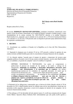 Señora 
MARÍA DEL PILAR DE LA TORRE SENDOYA 
Directora de Protección al Consumidor Financiero 
Superintendencia Financier