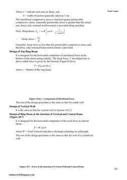 201
 
Water Tanks
where w = load per unit area on dome, and 
          b = width of section (generally taken as 1 m).