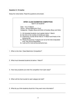 Question 3 ( 10 marks) 
 
Study the notice below. Read the questions and answer. 
 
 
 
 
 
 
 
 
 
 
 
 
 
 
 
 
 
 
 
1.  W