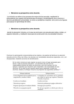  Mensione su perspectiva como docente. 
 La inclusión se refiere a los procesos de mejora de las escuelas, resaltando la