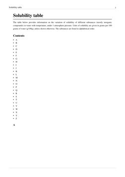 Solubility table
1
Solubility table
The table below provides information on the variation of solubility  (http://en.wikipedia