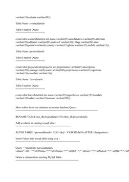 varchar(10),enddate varchar(10));
Table Name : contactdetails
Table Creation Query:
====================
create table contact