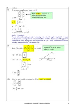 TJC/MA9740/P1/Preliminary Exam 2011/Solutions 
6
 
8 
Vectors  
(i) 
Given acute angle between l1 and l2 is 60, 
2
 
 
 
1
0