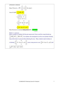 TJC/MA9740/P1/Preliminary Exam 2011/Solutions 
7
[Alternative solution] 
Since T lies on l1,  
7
1
3
0
7
1
OT






