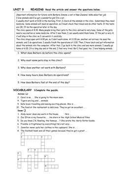 UNIT 9      READING  Read the article and answer the questions below. 
Important information for future vets! Barbara Simons,