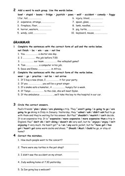 2
Add a word to each group. Use the words below.  
bowl • stupid • beans • fridge • joystick • paws • wolf • accident • comed