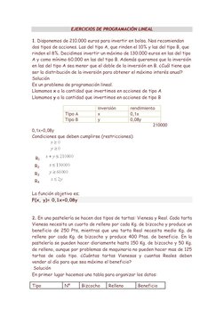 EJERCICIOS DE PROGRAMACIÓN LINEAL 
  
1. Disponemos de 210.000 euros para invertir en bolsa. Nos recomiendan 
dos tipos de ac
