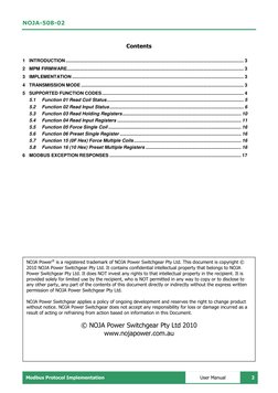 NOJA-508-02 
 
Modbus Protocol Implementation 
2 
 
User Manual 
 
Contents 
 
1 INTRODUCTION ...............................