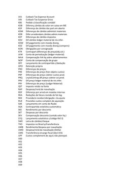 JVA 
Cutback Tax Expense Account 
JVB 
Cutback Tax Suspense Gross 
KBS 
Pedido c/classificação contábil 
KDB 
Diferenç.câmbio