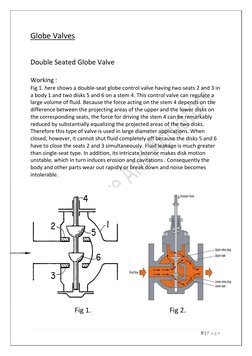 8 | P a g e  
 
Globe Valves 
 
 
Double Seated Globe Valve 
 
Working : 
Fig 1. here shows a double-seat globe control val