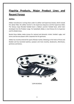 8 
 
Flagship Products, Major Product Lines and 
Recent Forays 
Adidas 
Adidas manufactures running shoes under its adiStar a