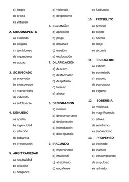 c) limpio
d) probo
e) virtuoso
2. CIRCUNSPECTO
a) exaltado
b) afligido
c) tembloroso
d) imprudente
e) audaz
3. SOJUZGADO
a) e