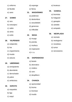 c) enfermo
d) flexible
e) sano
27.
 EXIMIO
a) raro
b) extranjero
c) sabio
d) simio
e) exilio
28.
 VILIPENDIO
a) estipendio
b)