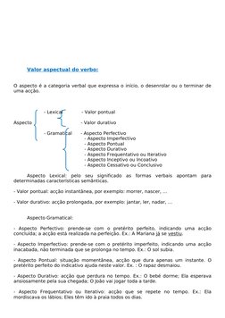 Valor aspectual do verbo:
O aspecto é a categoria verbal que expressa o início, o desenrolar ou o terminar de 
uma acção.