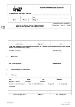 COMMERCIAL AIRCRAFT GROUP
NON-CONFORMITY REPORT
To:
  
Subject :
Report No.
Date
NON-CONFORMITY CATEGORY
NON-CONFORMITY DESCR
