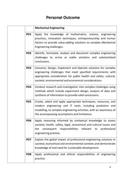 8 
 
Personal Outcome 
 
 
 
Mechanical Engineering 
PO1 
Apply the knowledge of mathematics, science, engineering 
practices