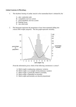 Animal Anatomy & Physiology. 
 
1. 
The rhythmic beating of cardiac muscle in the mammalian heart is initiated by the 
 
A. a