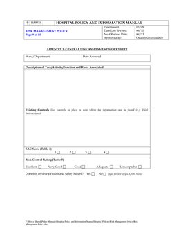 HOSPITAL POLICY AND INFORMATION MANUAL 
 
RISK MANAGEMENT POLICY 
Page 9 of 10 
Date Issued:    
Date Last Revised:  
Next