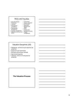 9
RICS (UK) Faculties
• Arts and antiques
• Residential
• Valuation
• Management
consultancy
• Planning and
development
• Fac