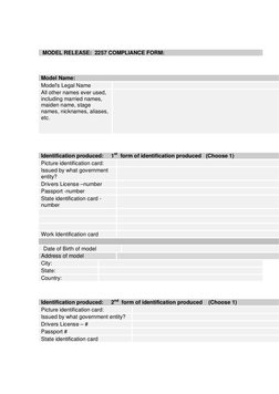 MODEL RELEASE:  2257 COMPLIANCE FORM: 
  
Model Name: 
Model's Legal Name 
  
All other names ever used, 
including married