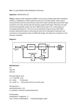 Aim:- To study Adaptive Delta Modulation Technique. 
 
Apparatus:- Matlab 2013a, PC. 
 
Theory:- Adaptive delta modulation (A