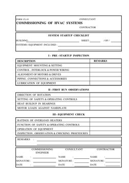 HVAC commissioning form showing pre-startup inspection, first-run observations, equipment checks, and sign-off fields