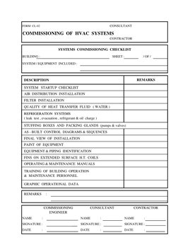 HVAC commissioning checklist page covering system startup, air distribution, filter installation, refrigeration systems, manuals, and operational data