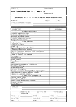 HVAC commissioning inspection page with detailed installation and equipment checks and remarks fields