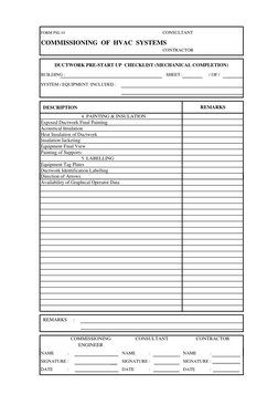 HVAC commissioning checklist page with installation completion items and final remarks area