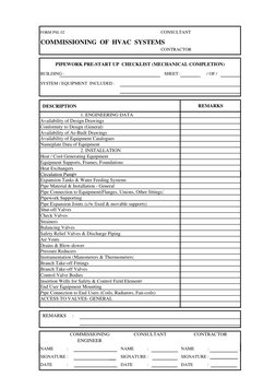 HVAC commissioning checklist page with prefunctional verification and detailed equipment requirements