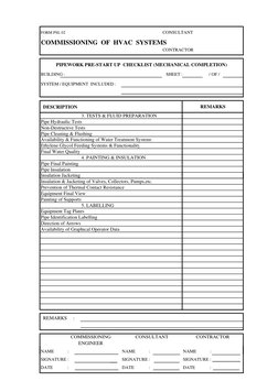 HVAC commissioning checklist page covering testing and air preparation, piping, controls, and system verification