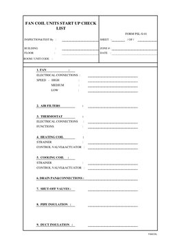 HVAC fan coil unit startup checklist with fan, air filter, thermostat, heating, cooling, drain, pipe, and duct sections