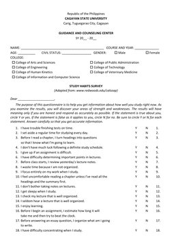 Study Habits Assessment Questionnaire | PDF | Cognition | Learning