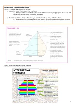3 
 
 
POPULATION PYRAMIDS AND DEVELOPMENT 
 
Interpreting Population Pyramids 
The trick is to know how to ‘read’ the pyra