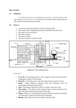 DIE CASTING 
1.0 
Definition : 
A manufacturing process for producing metal parts by forcing molten metal 
under high pressur