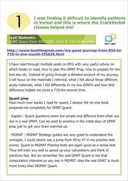 I was finding it difficult to identify patterns
in Verbal and this is where the CrackVerbal
classes helped me!  
I have read