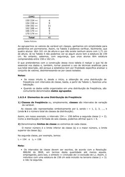 (cm)
150 ׀—
 
154
154 ׀—
 
158
158 ׀—
 
162
162 ׀—
 
166
166 ׀—
 
170
170 ׀—
 
174
4
9
11
8
5
3
Total
40
Dados fictícios.
 
A