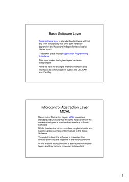 9
Basic Software Layer
Basic software layer is standardized software without 
f
ti
lit th t
ff
b th h
d
any own functionality