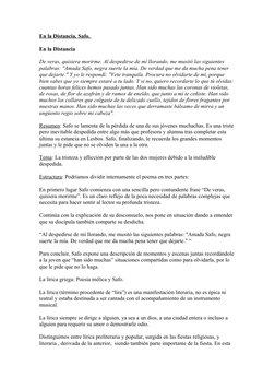 En la Distancia. Safo. 
En la Distancia
De veras, quisiera morirme. Al despedirse de mí llorando, me musitó las siguientes 
p