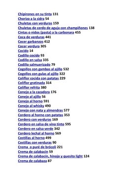 Chipirones en su tinta 131
Chorizo a la sidra 54
Chuletas con verduras 159
Chuletas de cerdo de aguja con champiñones 138
Cin