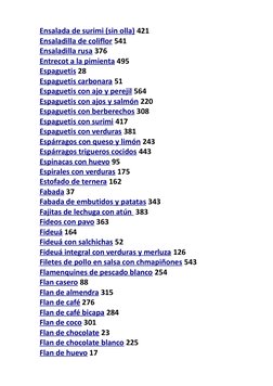 Ensalada de surimi (sin olla) 421
Ensaladilla de coliflor 541
Ensaladilla rusa 376
Entrecot a la pimienta 495
Espaguetis 28
E