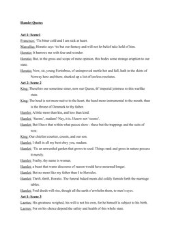Hamlet Quotes
Act 1: Scene1
Francisco: ‘Tis bitter cold and I am sick at heart.
Marcellus: Horatio says ‘tis but our fantasy