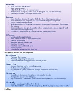 Sub phases (macro and microcycles) 
 
Peaking 
Pre-season 
-
High intensity, low volume 
-
Aim: improvement 
-
6-12wks befo