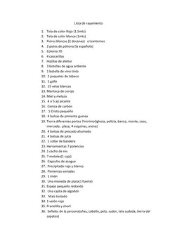 Lista de rayamiento  
1. Tela de color Rojo (1.5mts)                      
2. Tela de color blanca (1mts)