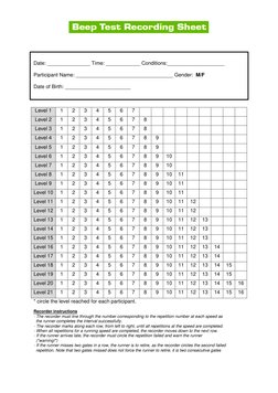 Beep Test Recording Sheet | PDF